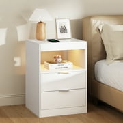 White Nightstand with LED Lights,Wireless Charging Station,2 Drawers, Modern Wooden Sofa Bedside Table,End Side Table with Pull-Out Shelf,Living Room Bedroom