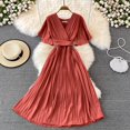 thumbnail image 1 of Formal Women's Dress V-neck Pleated Dress Elegant Temperament Waist Lace-up Hem Long Skirt Office Lady Evening Dresses VestidosL Gao Jinjia LED, 1 of 2