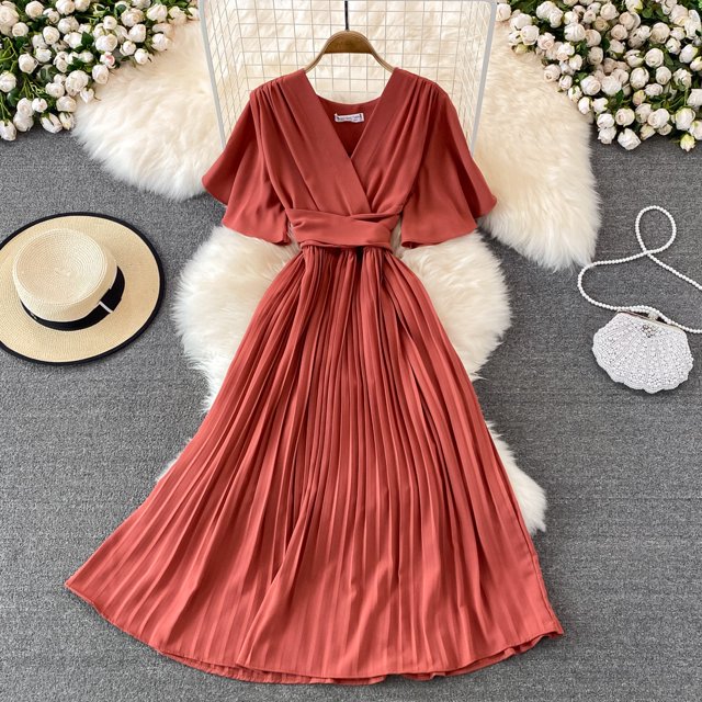 Formal Women's Dress V-neck Pleated Dress Elegant Temperament Waist Lace-up Hem Long Skirt Office Lady Evening Dresses VestidosL Gao Jinjia LED