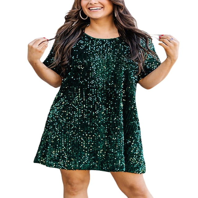 Robe Chemise Ample à Paillettes pour Femmes Manches Courtes Babydoll Ligne A Mini Robe Décontractée Concert Fête Clubwear