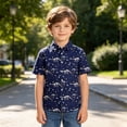 thumbnail image 2 of Boys Dinosaur Print Short Sleeve Button Down Shirt, Kids Casual Vacation Hawaiian Shirt for Outdoor Daily Sports Summer Wear(Dark Blue,6-7 Years), 2 of 5