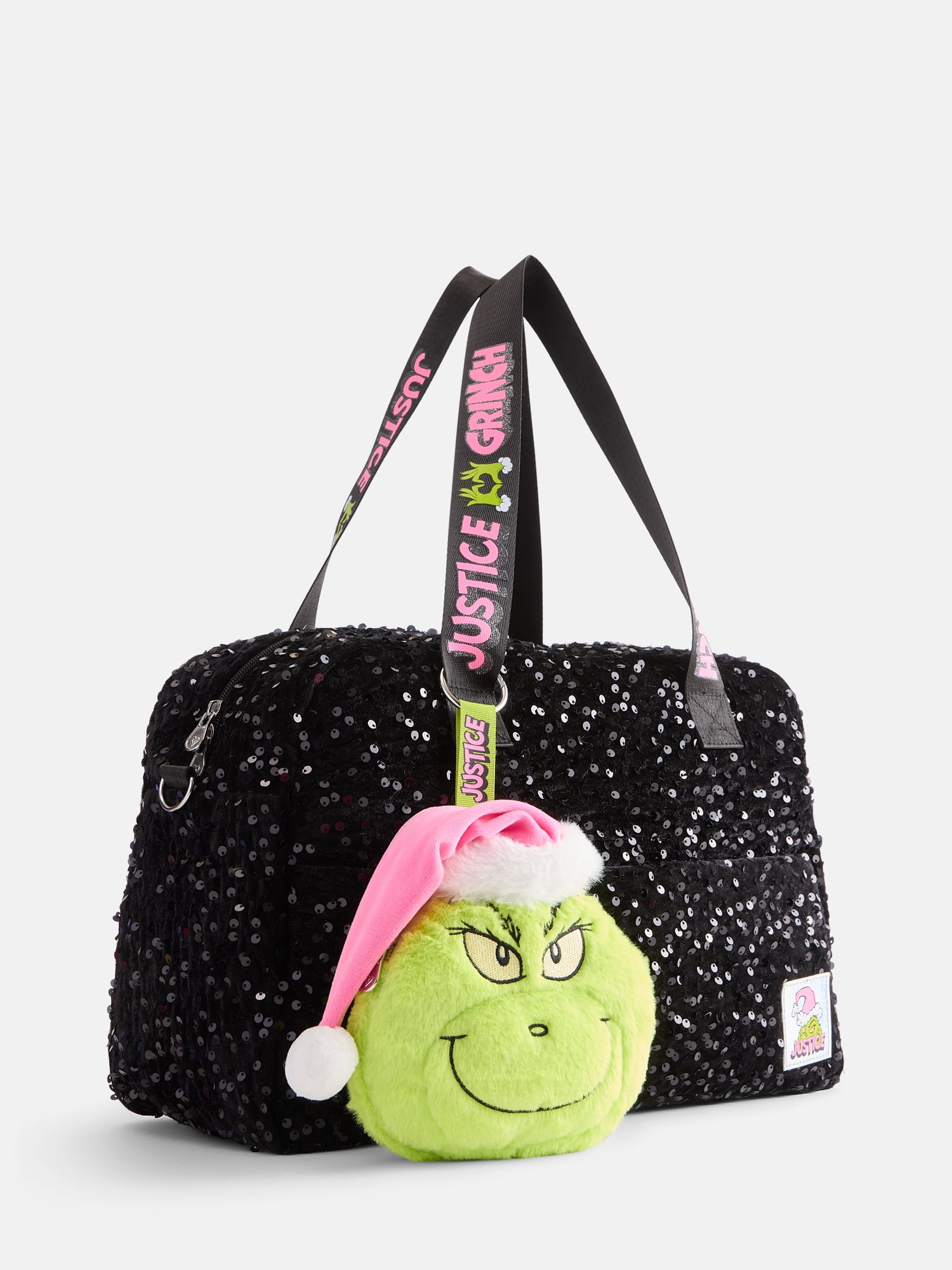 Justice Girls Grinch Sparkle Duffle with Plush Bag Charm, Black