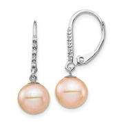 COUTURE JEWELERS 14k White Gold 8-9mm Pink Freshwater Cultured Pearl .05ct Diamond Leverback Earrings