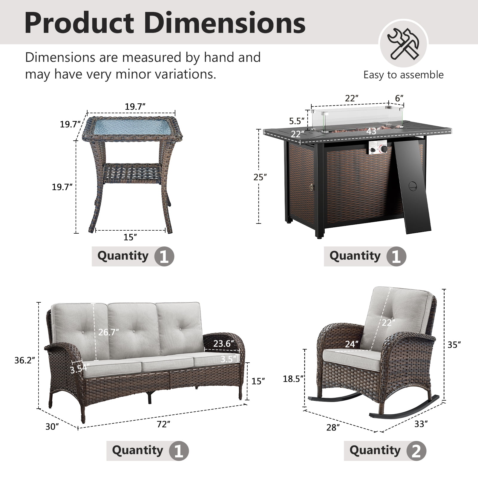 OPOHORO 5 - Pieces Patio Furniture Set with 43" Rectangular Fire Pit Table, Outdoor Conversation Sets with Glider Chairs and Glass Side Table, for Garden Lawn Balcony, Beige Cushion