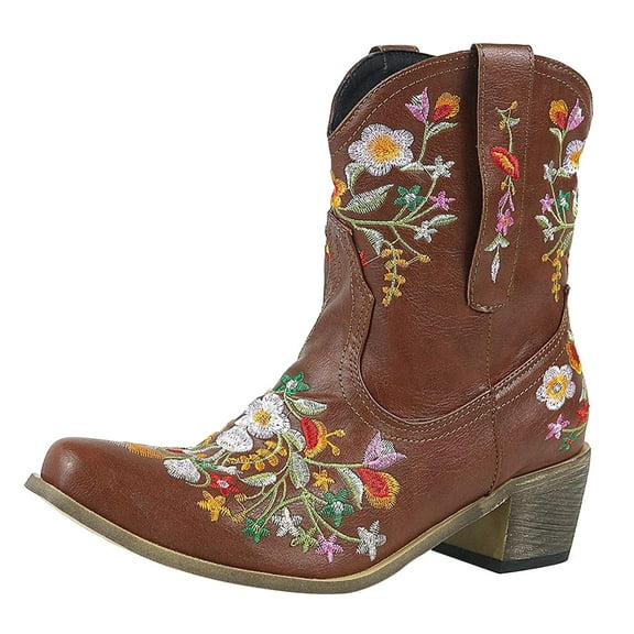 YLYL Cowboy Boots for Women Cowgirl Floral Embroidery Stitched Heel Pointy Toe Retro Western Boots