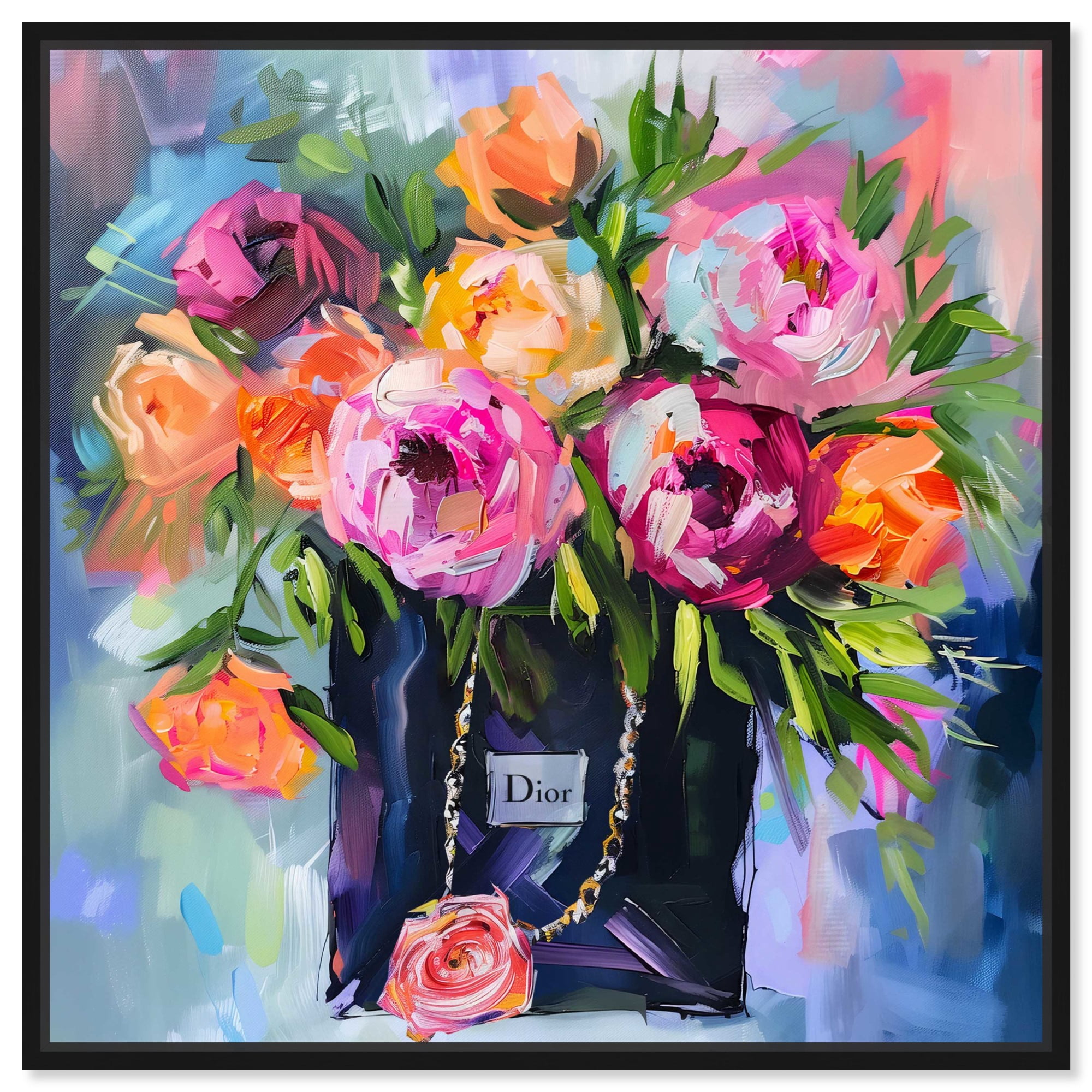 Bold Bright Floral Shopping Bag Canvas Glam Art Prints by Art Remedy, Black Frame, 12" x 12"