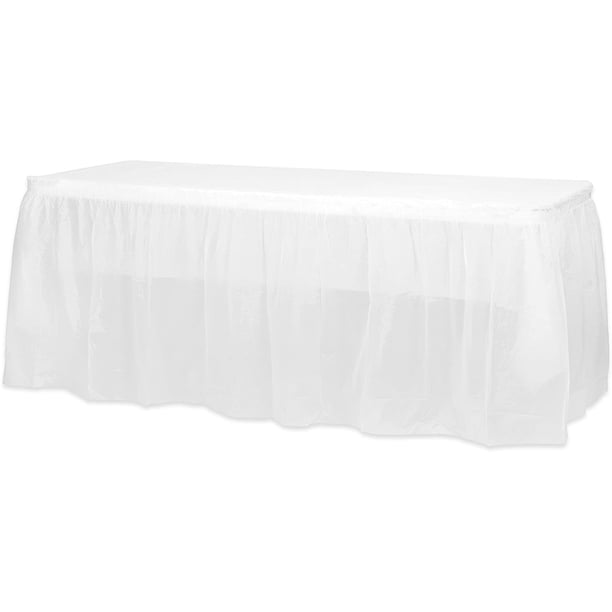 Nvzi 2 juegos de faldones de plástico para mesas rectangulares con manteles, cubierta de mesa de plástico desechable, 53,93" x 107,87" para fiestas de cumpleaños (blanco)