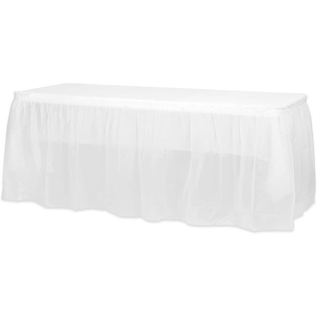 Nvzi 2 juegos de faldones de plástico para mesas rectangulares con manteles, cubierta de mesa de plástico desechable, 53,93" x 107,87" para fiestas de cumpleaños (blanco)