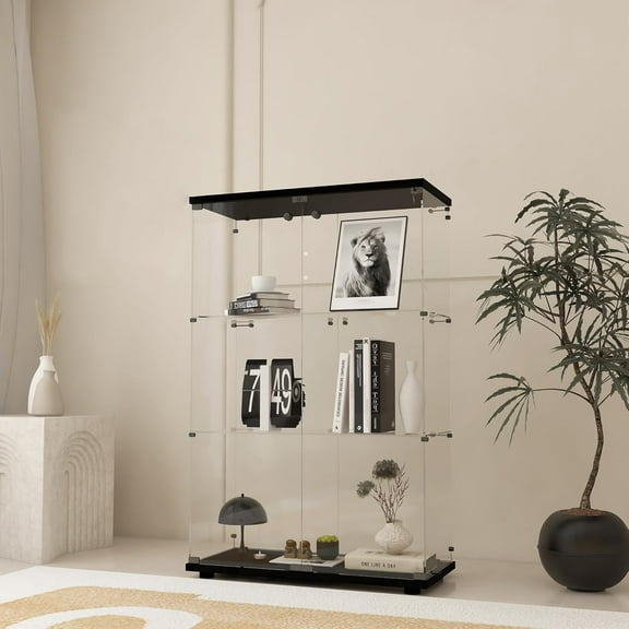 Modern 3 Shelf Glass Display Cabinet with 2 Doors, Clear Curio Cabinet Collection Display Case, Floor Standing Glass Bookshelf for Living Room Bedroom Home Office 32" W x 14.5" D x 50" H