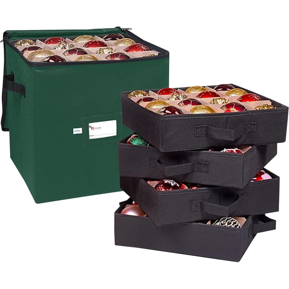 g Christmas Ornament Storage Box, 4 Individual Trays Xmas Storage Container, Fits 64 Ornaments Decoration Balls, Constructed of Durable 600D Oxford Material (Green)，Christmas storage