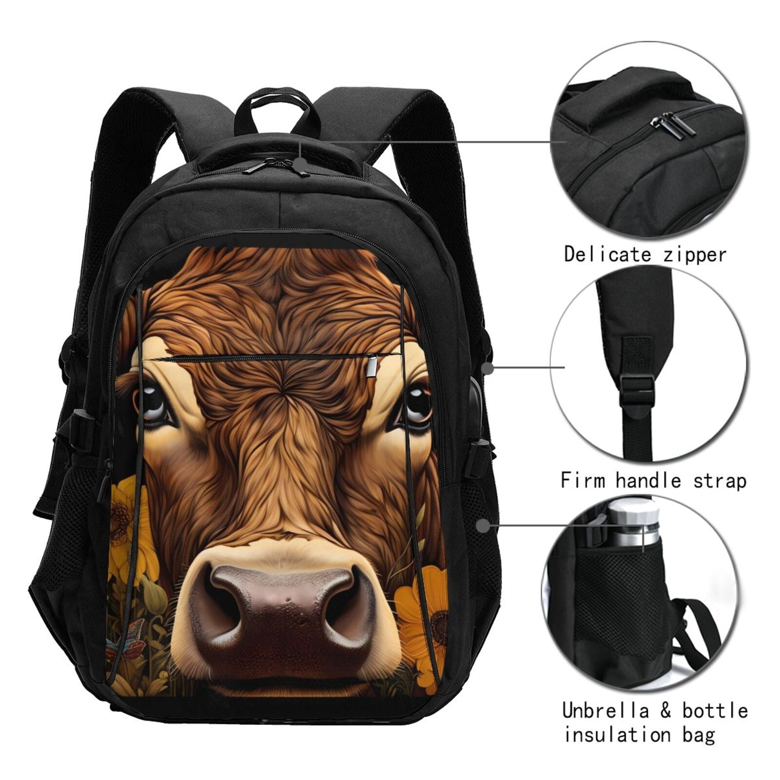 Vsdgher Sunflower Butterfly Cow Print Travel Laptop Backpack, Laptops Backpack with USB Charging Port, Water Resistant Computer Bag Gift for Men & Women