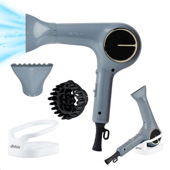 Secador de pelo profesional coreano JMW AIR B con difusor y soporte de 1600 W. Ligero, potente motor BLDC, aire fresco sin calor, compacto y silencioso, ideal para casa y viajes.
