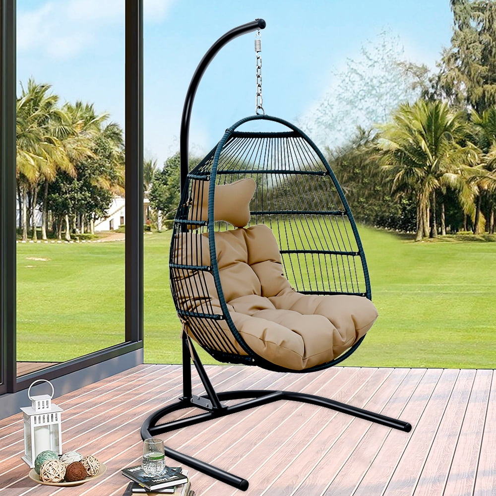 Patio Wicker Hanging Chair with Stand and Gray Cushion, Heavy Duty
