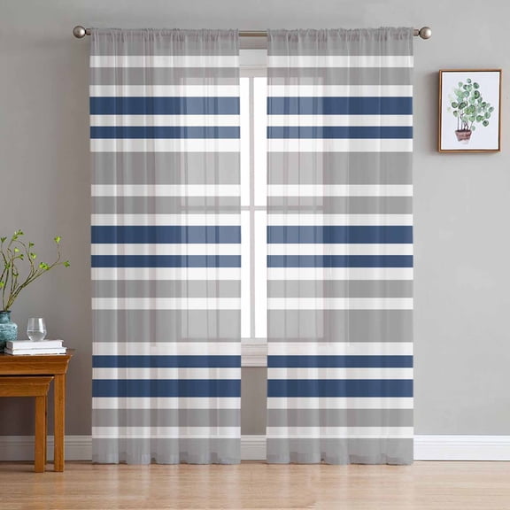 Navy Blue Grey Striped Sheer Curtains 72 Inch Length 2 Panels Set for Living Room/Bedroom, Horizontal Lines Simple Minimalist Curtain Sheers Drapes Rod Pocket Curtains Window Treatment 52''x72''x2