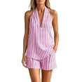 thumbnail image 2 of QIYAGBSA 2 Piece Sets for Women Halter V Neck Sleeveless Top and Shorts with Pockets Striped Relaxed Fit Summer Vacation Beach Outfit (Pink M), 2 of 9