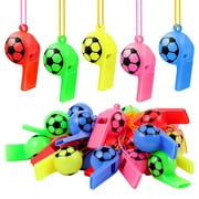 100 Packs of Plastic Whistle Football Pattern with Tether Training Sports Whistle Football Party Favored Football Safety Whistle Loud Crisp Kids Whistle Referee Teacher School Camping Football Party