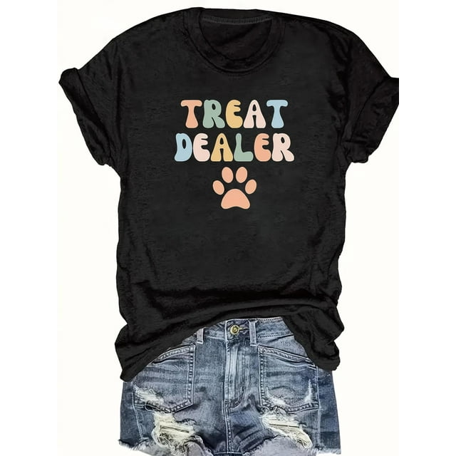 Women'S "Treat Dealer" Graphic Tee - Casual All-Season Rayon T-Shirt with Paw Print Design, Round Neck, Ladies T Shirts