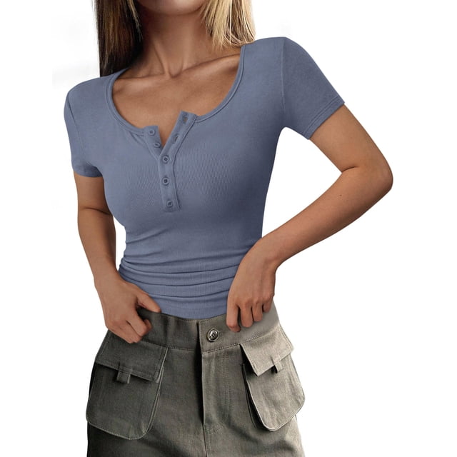 Remera PRETTYGARDEN Slim Fit Canalé Henley con Botones Azul Gris S