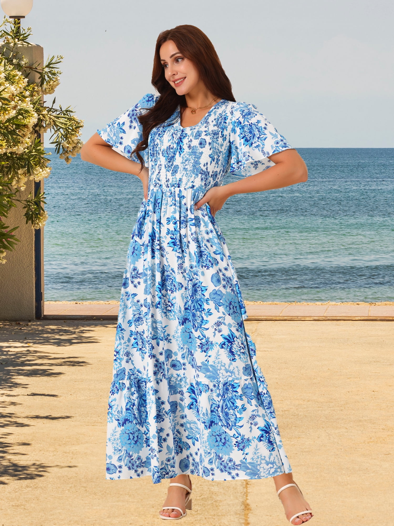 DARING DIVA Women's Floral Short Flutter Sleeve Flowy Maxi Dresses XL Blue