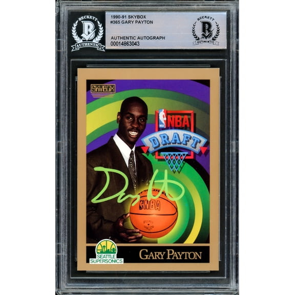 Gary Payton Autographed 1990-91 Skybox Rookie Card #365 Seattle Supersonics Beckett BAS 209778