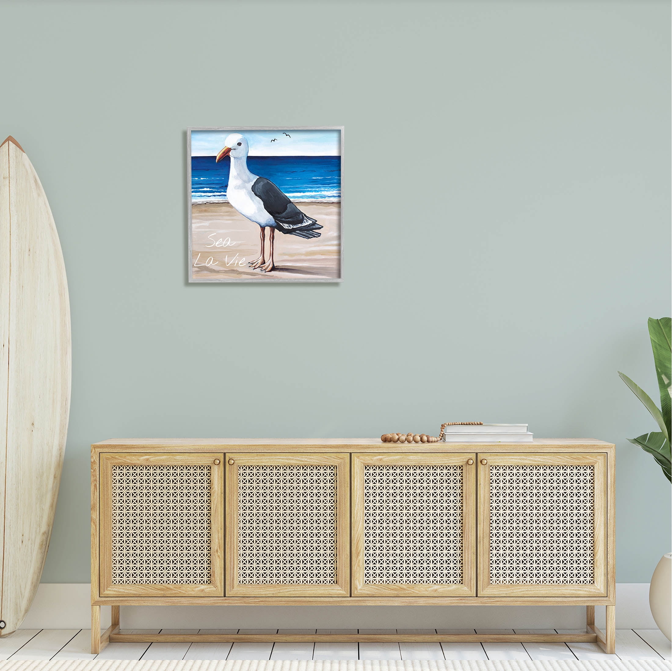 Stupell Industries Sea La Vie French Beach Seagull Quote Graphic Art Gray Framed Art Print Wall Art, Design by Elizabeth Tyndall