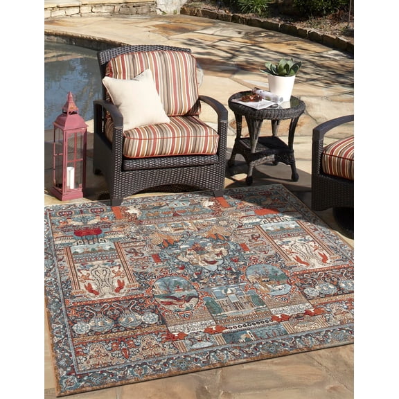 Unique Loom Outdoor Traditional Collection Area Rug - Heirloom (7' 10" Square Multi/Beige)
