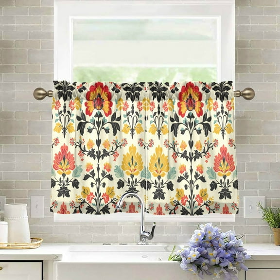 Yayeee Kitchen Curtains Tier Pair Light Filtering 27"x36" Rod Pocket Short Cafe Window Panel, Beige Floral