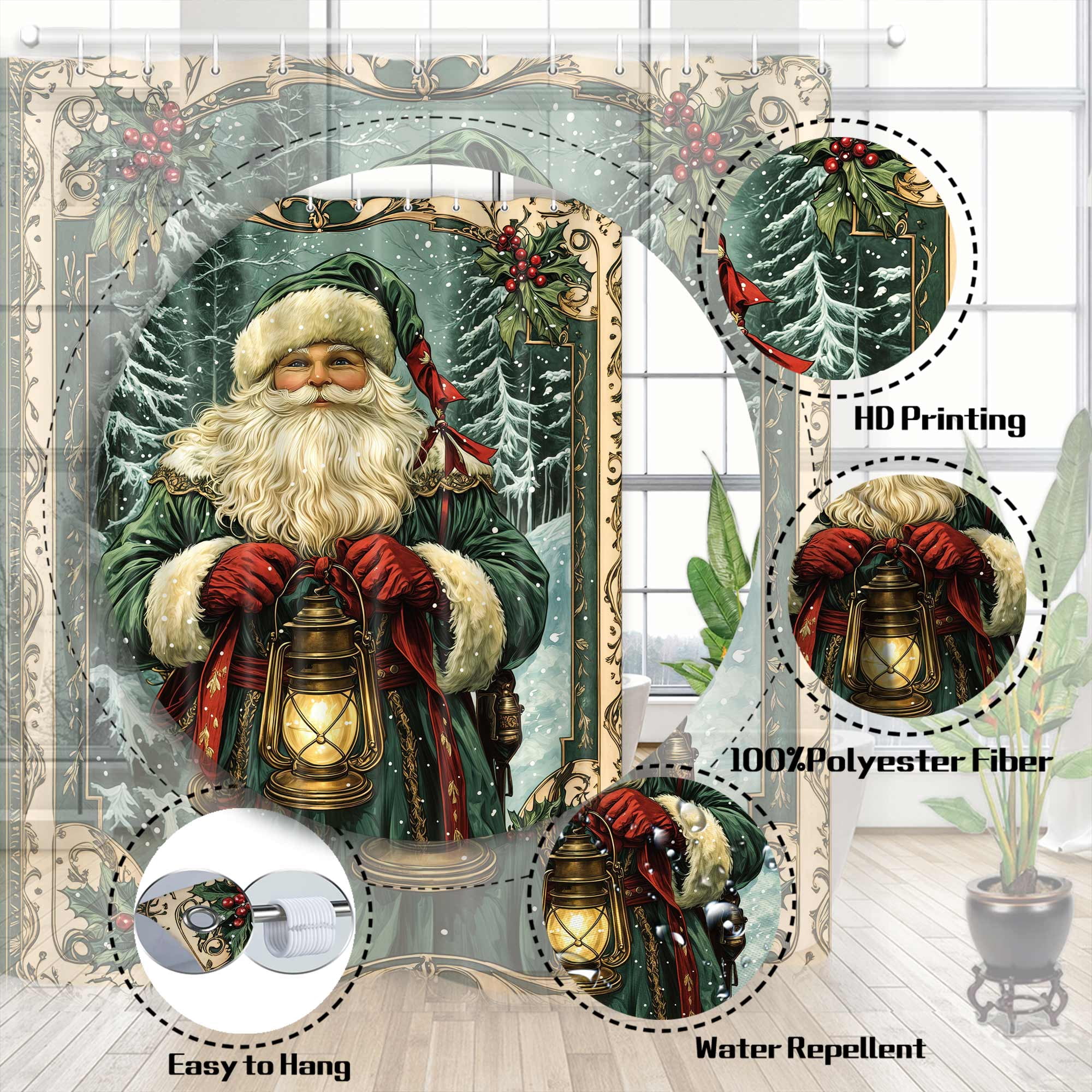 Vintage Christmas Shower Curtain, Funny Green Santa Claus Snow Forest Xmas Tree Pine Leaves Shower Curtain Set for Bathroom, Retro Victorian Santa Shower Curtains with Hooks, 72X72in