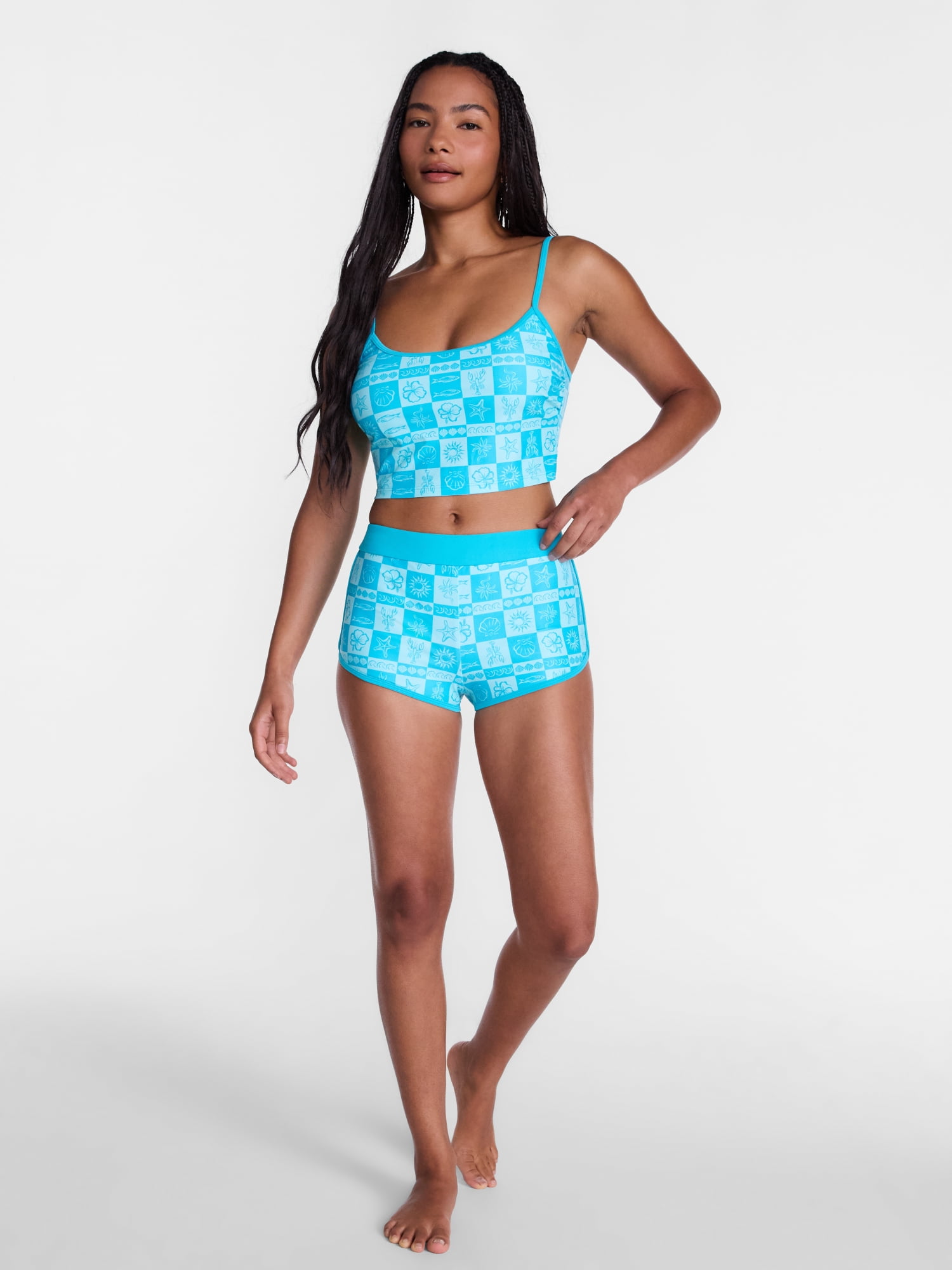 No Boundaries Groovy Getaway Checkered Print Boyshort Swim Bottoms, Women's XXS-XXL