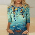 thumbnail image 2 of Women's 3/4 Sleeve Loose Fit Flowy Tunic Tops Dressy Casual Tops Gradient Floral Print Shirts Summer Clothes Vintage Fashion Round Neck Blouse Spring Elegant Shirts Light Blue T Shirts L, 2 of 5
