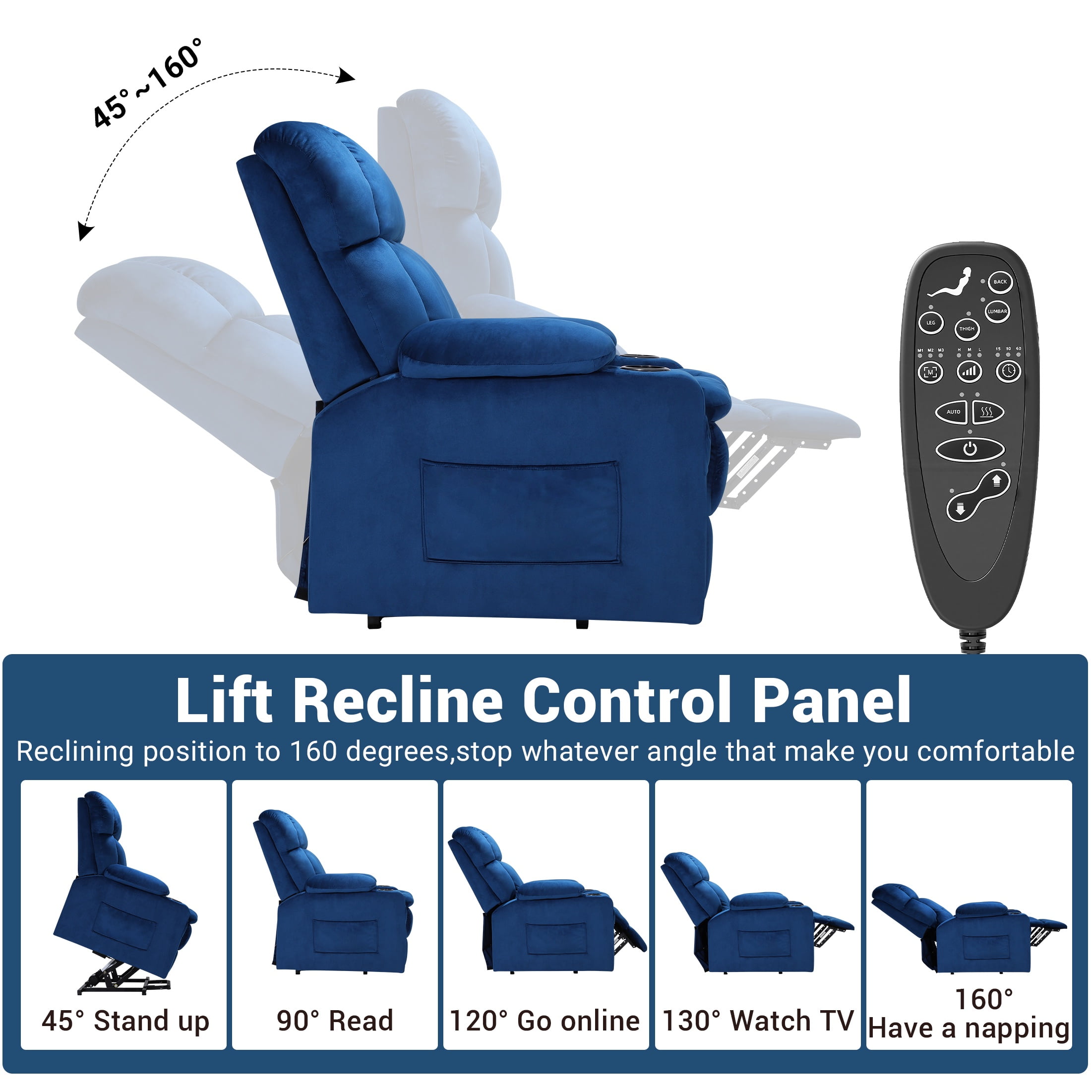PAPROOS Large Power Lift Recliner Chair with Massage and Heat for Elderly Big and Tall People, Overstuffed Wide Recliners with 2 Cup Holders, Side Pocket for Living Room, Single Sofa, Blue
