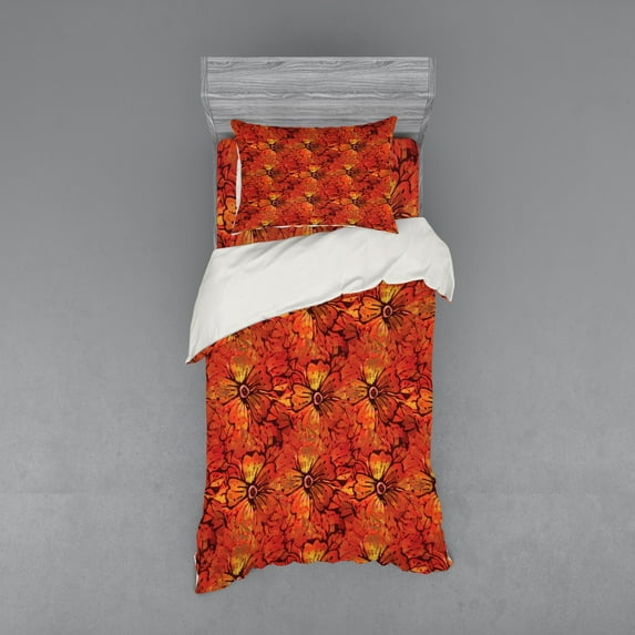 Ambesonne Orange Bedding Set 3 Pcs, Grungy Flower Romantic, Twin XL, Orange