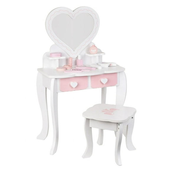 Kids Vanity Toy, Toddler Wooden Makeup Vanity Table & Chair Set, Pretend Play Dressing Accessories Toy, Princess Mirror, Girls Vanity Set White