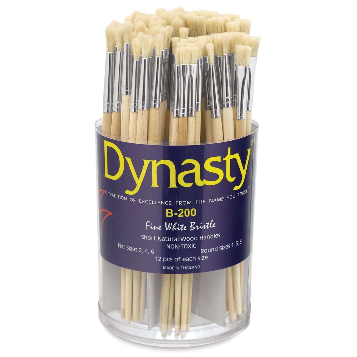 Dynasty® B-200 Cylinder Pure White Bristle Short Wood Handle Paint Brush Set, Assorted Size, Set of 72