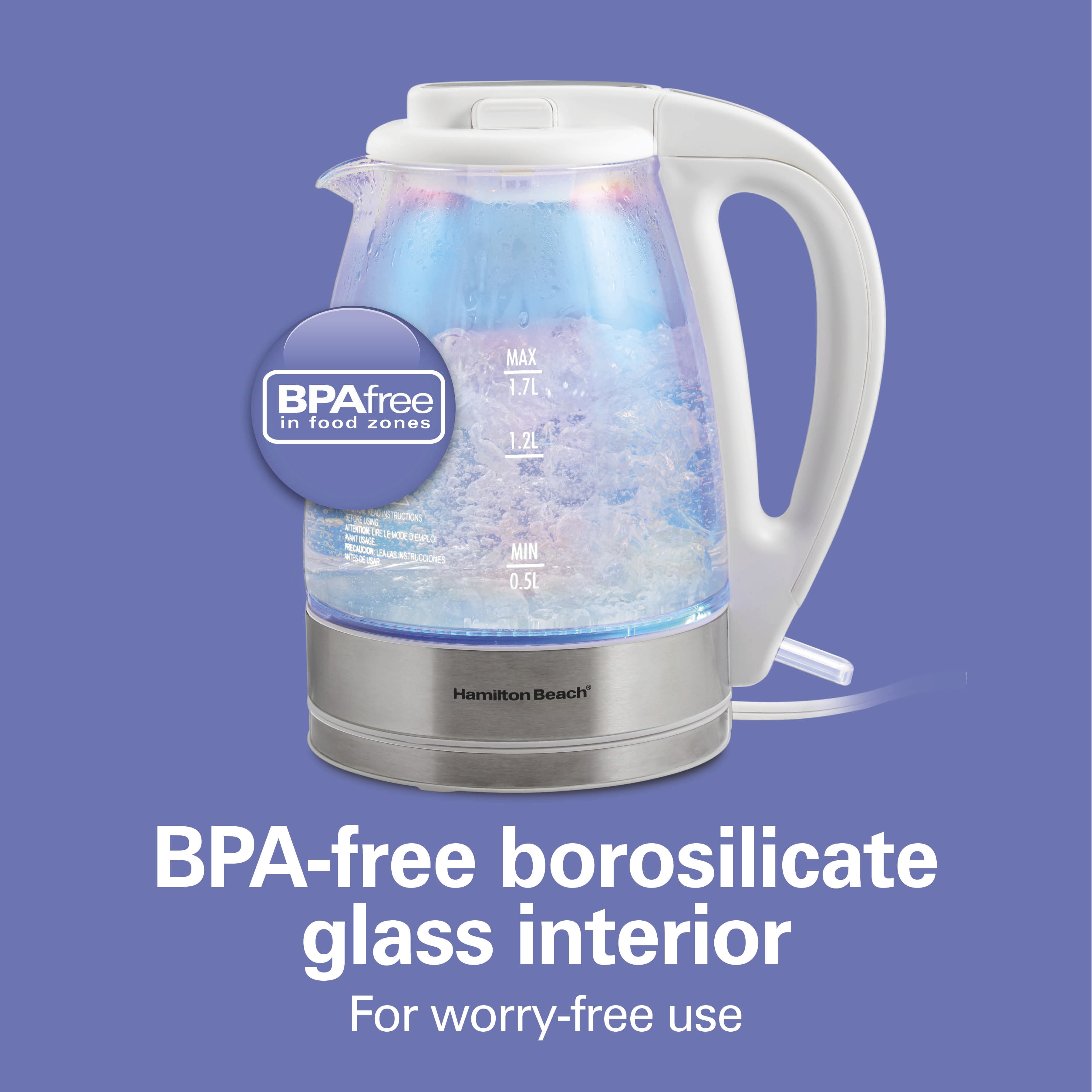 Hamilton Beach 1.7L Iridescent Glass Kettle, 1500 W, Electric Tea & Water Kettle with Auto Shut-Off and Boil-Dry Protection, White
