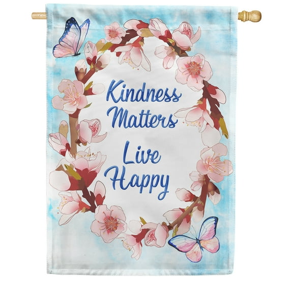 America Forever Kindness Matters Live Happy House Flag 28 x 40 inch Inspirational Live Love Laugh Double Sided Pink Floral Butterfly Summer Seasonal Yard Outdoor Decorative Motivational Flag