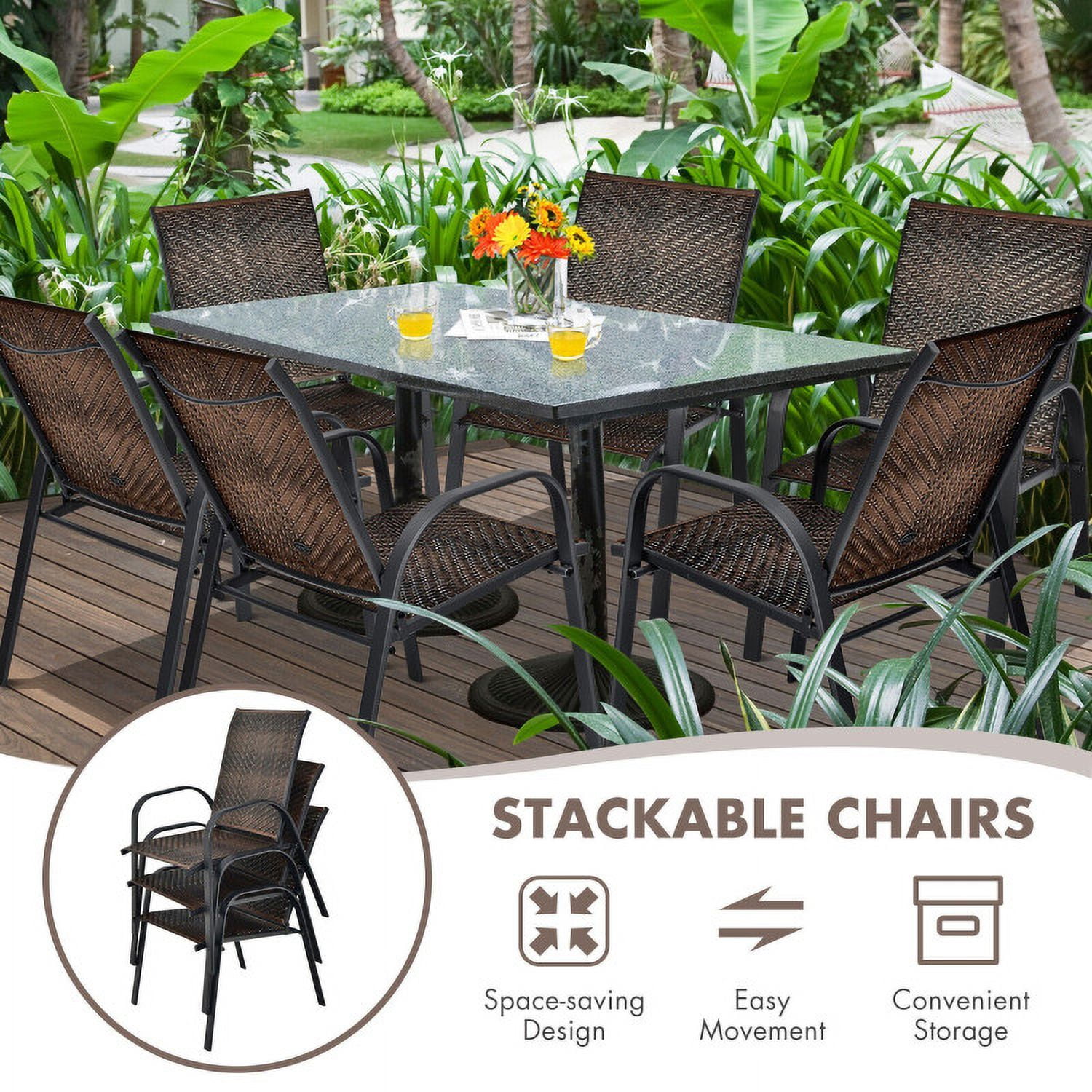 Aimee Lii Set of 6 Outdoor PE Wicker Stackable Chairs with Sturdy Steel Frame, Outdoor Patio Set, Brown