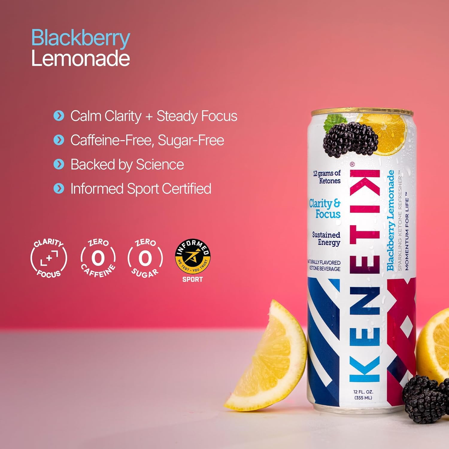 KENETIK Caffeine-Free Focus Drink – Brain Fuel for Mental Clarity and Cognitive Endurance, Sugar-Free, Bioidentical Ketones (D-BHB), 12oz – 12 Pack, Blackberry Lemonad