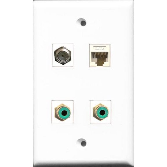 RiteAV - 2 Port RCA Green and 1 Port Coax Cable TV- F-Type and 1 Port Cat6 Ethernet White Wall Plate