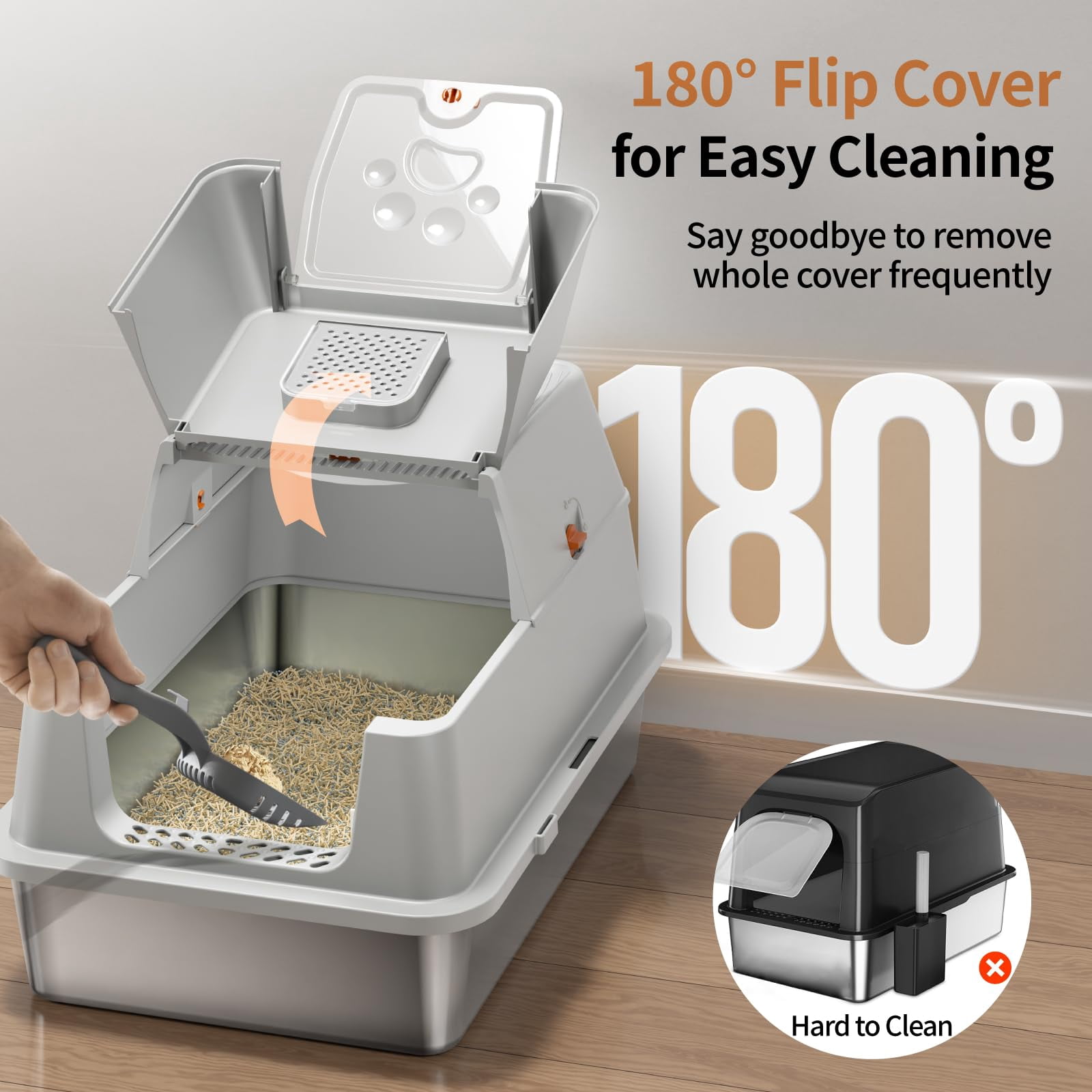Stainless Steel Cat Litter Box With Lid  180° Flip-top Xl Extra Large Enclosed Covered Metal High Sided Pan Steps & Scoop Easy Cleaning Odor Control Non-sticky-grey