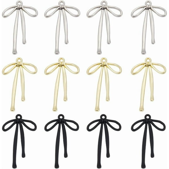1 Box 3 Colors 24Pcs Ribbon Bow Charms Metal Bows Charms Bulk Small Silver Black Gold Bowtie Kawaii Bowknot Charms for Jewelry Making Charms Diy Necklaces Bracelets Earrings Supplies Women
