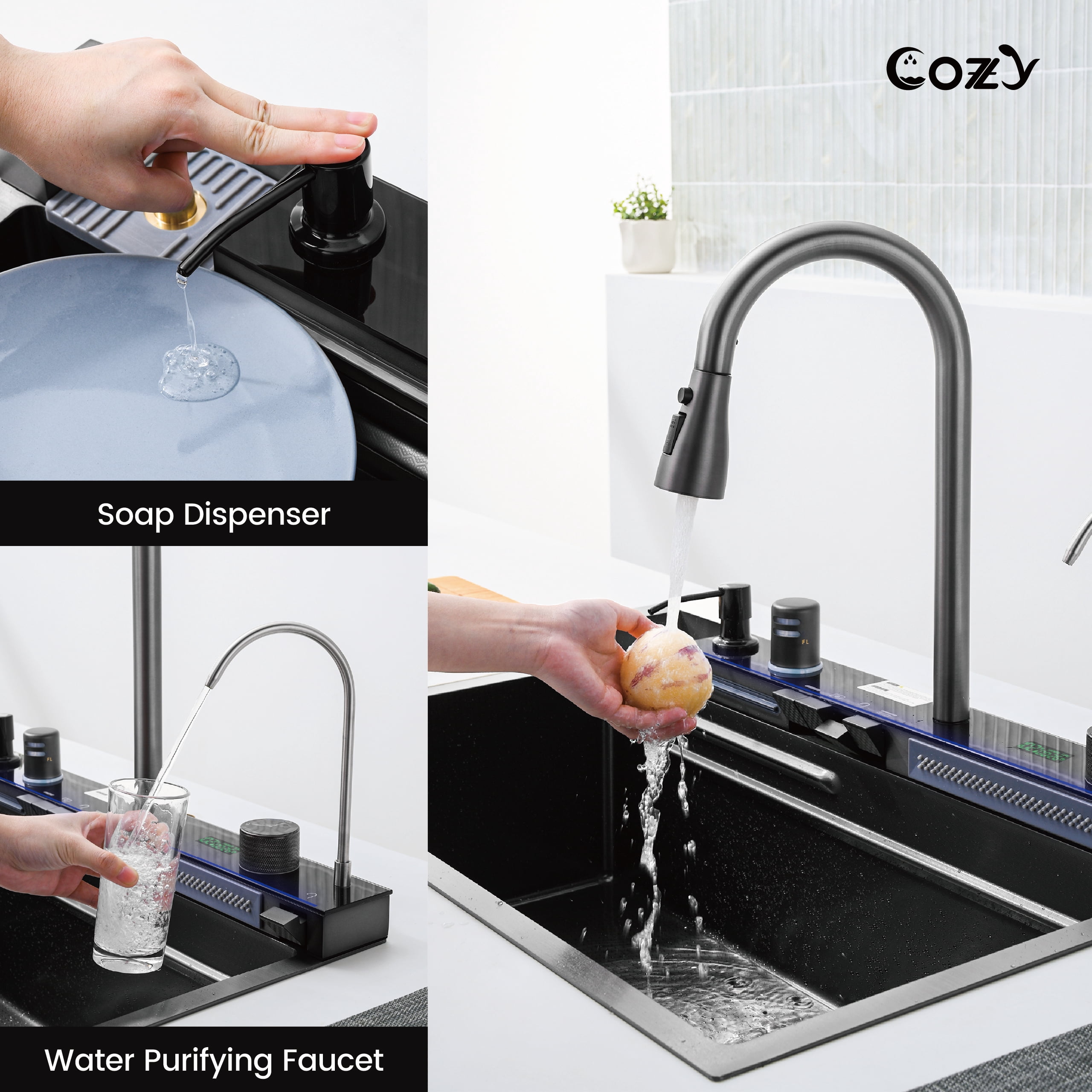 Pull-out Faucet Single Bowl Sink, Kitchen Vegetable Sink 304 30"x18" Whale Waterfall Sink Stainless Steel Dish Sink wIth Dishwasher Accessories Household Vegetable Washing Basin, Black