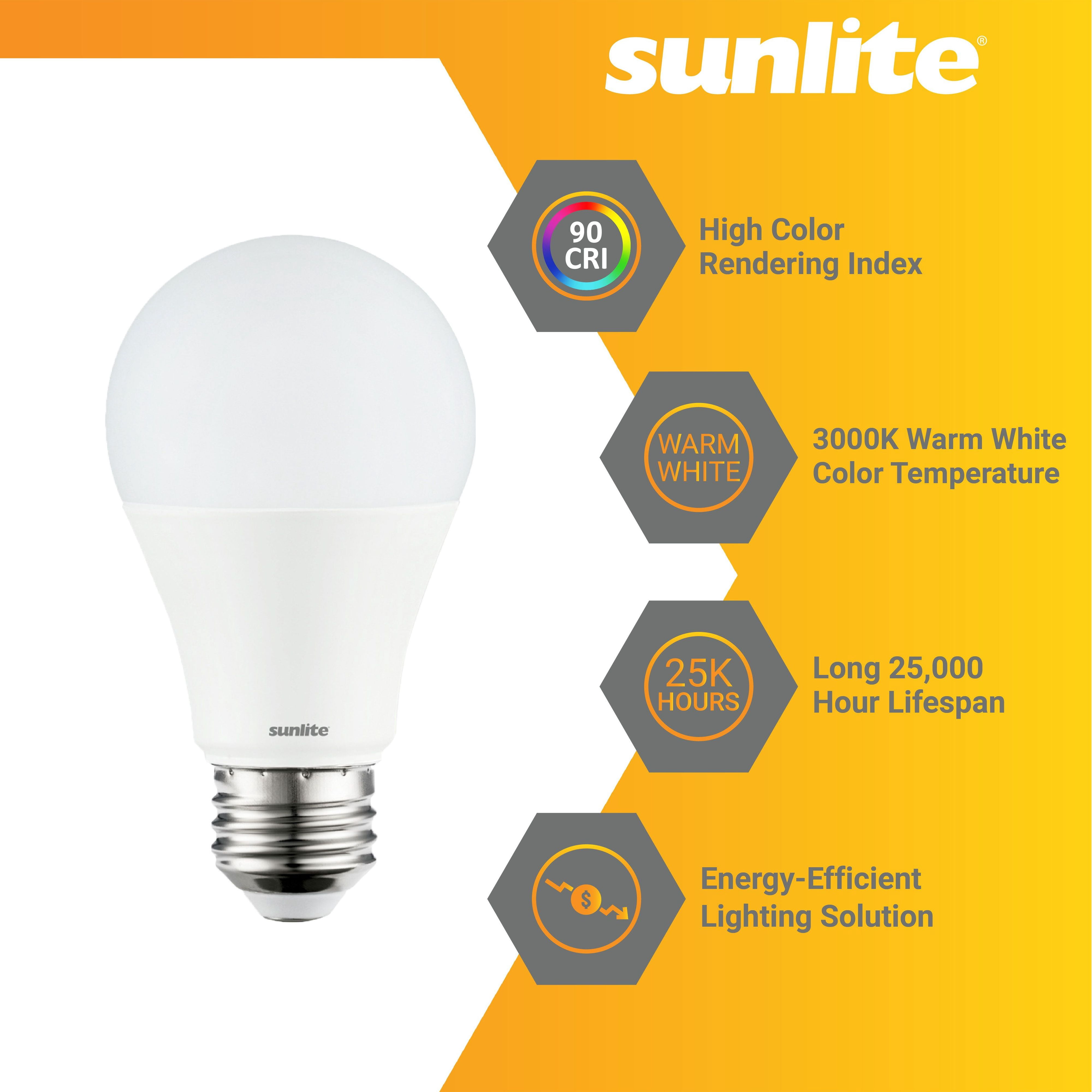 Sunlite LED A19 Standard Household Light Bulb, 9 Watts (60W Equivalent), Medium E26 Base, Dimmable,UL Listed, 3000K Warm White, 6-Pack