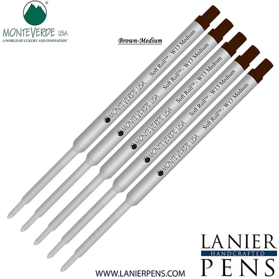 Lanier Combo Pack - 5 Pack - Monteverde Soft Roll Ballpoint W13 Paste Ink Refill Compatible with most Waterman Style Ballpoint Pens - Brown (Medium Tip 0.7mm)