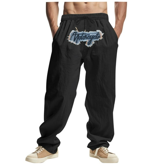 CHGBMOK Sweatpants for Men Solid-Color Loose Casual-Linen Embroidered Pocket Drawstring Elastic-Waist Full Length Pants Sizes S-3XL
