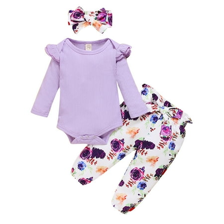 

ZMHEGW Baby Girls Ruffle Romper Bodysuit + Floral Print Pants Headbands Outfits Casual Fashion Clothing Set