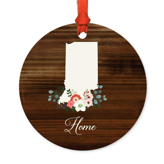 US State Round Metal Christmas Ornament, Rustic Wood with Florals Home, Indiana, Includes Ribbon and Gift Bag