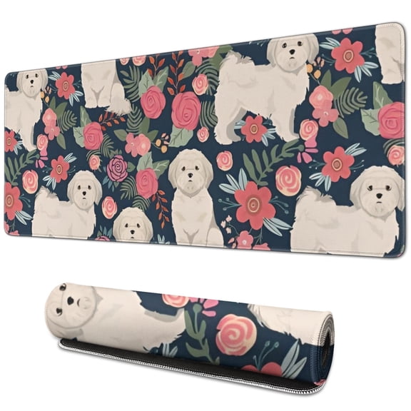 Long Mouse Pads for Desk,Shih Tzu Dog and Flower Floral Desk Mats on Top Of Desks, Desk Mouse Pad Extra Large with 3mm Non-Slip Base and Stitched Edge for Gaming,Office,Work,Home 31.5"x11.8"