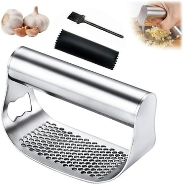 Garlic Press Rocker, Portable Manual Stainless Steel Garlic Press Rocker Crusher Masher with Garlic Peeling Drum for Home Kitchen Utensils (silver )