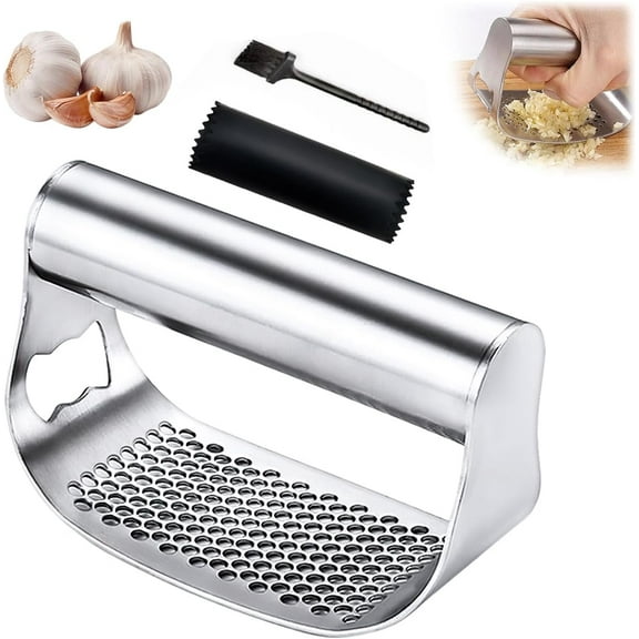 Garlic Press Rocker Portable Manual Stainless Steel Crusher Masher with Peeling Drum (Silver)